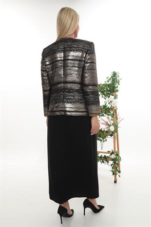 Siyah Altın Simli Taş İşleme Detaylı Uzun Etekli Üçlü Takım