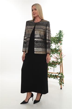 Siyah Altın Simli Taş İşleme Detaylı Uzun Etekli Üçlü Takım