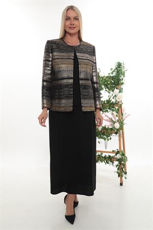 Siyah Altın Simli Taş İşleme Detaylı Uzun Etekli Üçlü Takım