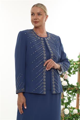 Taş İşlemeli Ceketli Şık Mavi Uzun Etekli Üçlü Takım