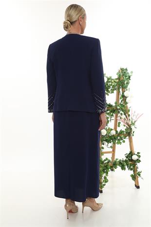Taş İşlemeli Ceketli Şık Lacivert Uzun Etekli Üçlü Takım