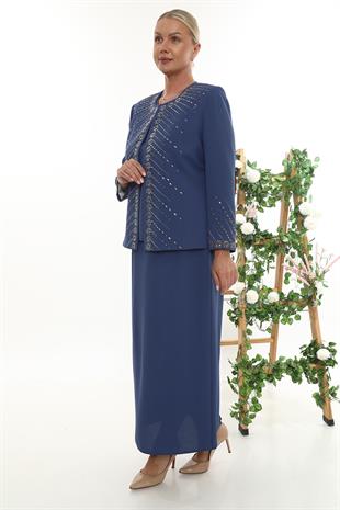 Taş İşlemeli Ceketli Şık Mavi Uzun Etekli Üçlü Takım