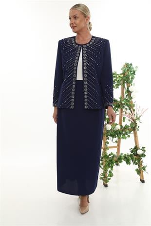 Taş İşlemeli Ceketli Şık Lacivert Uzun Etekli Üçlü Takım