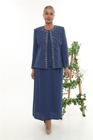 Taş İşlemeli Ceketli Şık Mavi Uzun Etekli Üçlü Takım