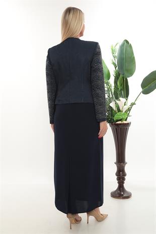 Uzun Kollu Ceketi Taş İşlemeli Lacivert Uzun Etekli Üçlü Takım