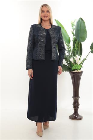 Uzun Kollu Ceketi Taş İşlemeli Lacivert Uzun Etekli Üçlü Takım