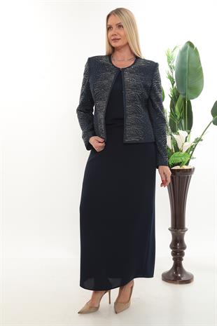 Uzun Kollu Ceketi Taş İşlemeli Lacivert Uzun Etekli Üçlü Takım