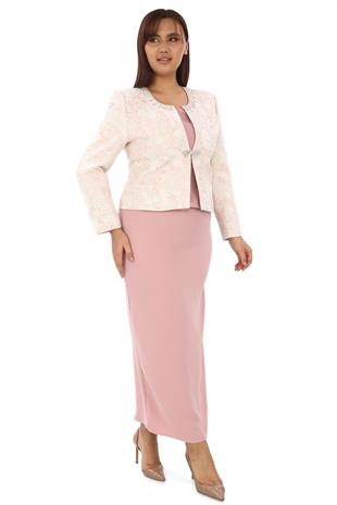 Yakası Taş İşlemeli Jakar Kumaş Uzun Üçlü Pudra Takım