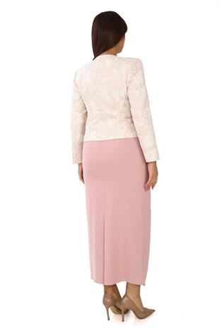 Yakası Taş İşlemeli Jakar Kumaş Uzun Üçlü Pudra Takım