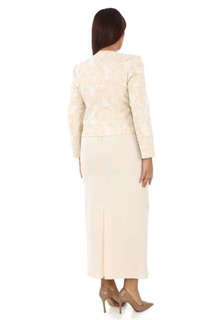 Yakası Taş İşlemeli Jakar Kumaş Uzun Üçlü Bej Takım