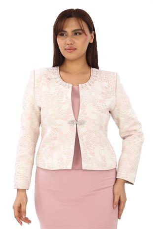 Yakası Taş İşlemeli Jakar Kumaş Uzun Üçlü Pudra Takım