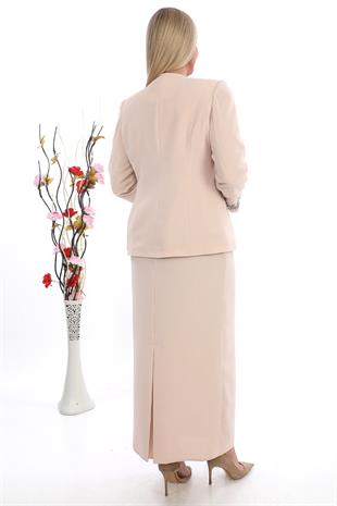 Yakası Taş İşlemeli Zarif Krem Uzun Etekli Üçlü Takım