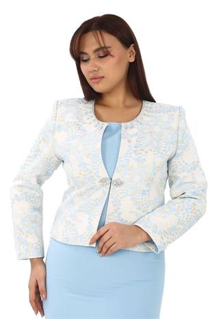 Yakası Taş İşlemeli Jakar Kumaş Uzun Üçlü Mavi Takım