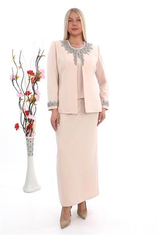 Yakası Taş İşlemeli Zarif Krem Uzun Etekli Üçlü Takım