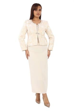 Yakası Taş İşlemeli Jakar Kumaş Uzun Üçlü Bej Takım