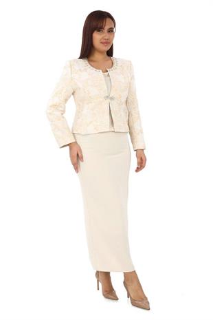 Yakası Taş İşlemeli Jakar Kumaş Uzun Üçlü Bej Takım