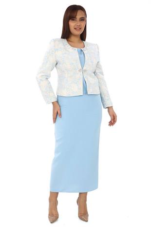 Yakası Taş İşlemeli Jakar Kumaş Uzun Üçlü Mavi Takım