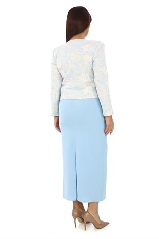 Yakası Taş İşlemeli Jakar Kumaş Uzun Üçlü Mavi Takım