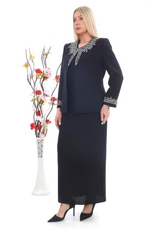 Yakası Taş İşlemeli Zarif Siyah Uzun Etekli Üçlü Takım
