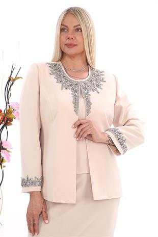 Yakası Taş İşlemeli Zarif Krem Uzun Etekli Üçlü Takım
