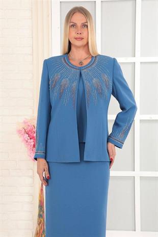 Yakası ve Kolu Taş İşlemeli Krep Kumaş Mavi Uzun Etekli Üçlü Takım