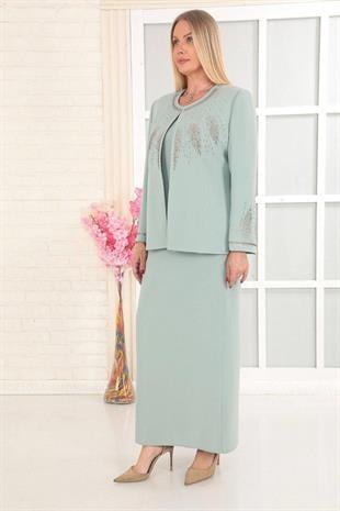 Yakası ve Kolu Taş İşlemeli Krep Kumaş Mint Uzun Etekli Üçlü Takım
