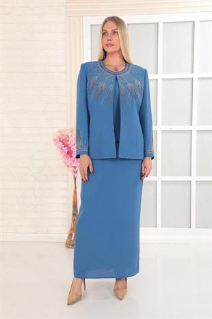 Yakası ve Kolu Taş İşlemeli Krep Kumaş Mavi Uzun Etekli Üçlü Takım