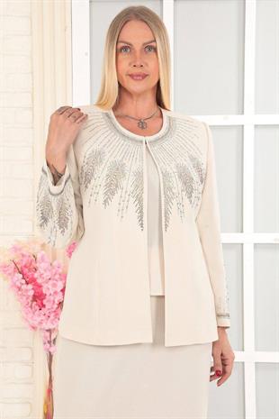 Yakası ve Kolu Taş İşlemeli Krep Kumaş Bej Uzun Etekli Üçlü Takım