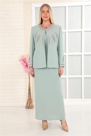 Yakası ve Kolu Taş İşlemeli Krep Kumaş Mint Uzun Etekli Üçlü Takım