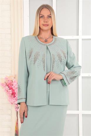 Yakası ve Kolu Taş İşlemeli Krep Kumaş Mint Uzun Etekli Üçlü Takım