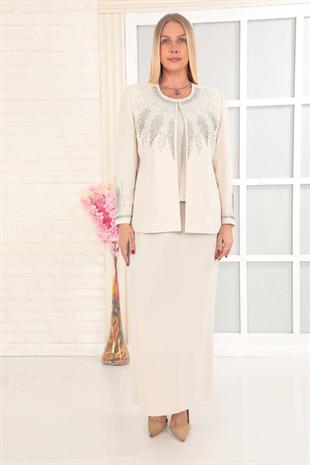 Yakası ve Kolu Taş İşlemeli Krep Kumaş Bej Uzun Etekli Üçlü Takım