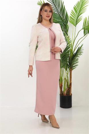 Yakası ve Önü Taş İşlemeli Jakar Kumaş Uzun Üçlü Pudra Takım