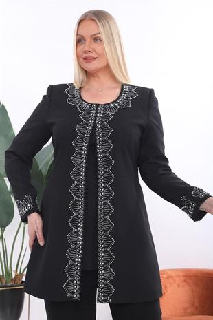 Yakası ve Önü Taş İşlemeli Siyah Krep Kumaş Pantolonlu Üçlü Takım