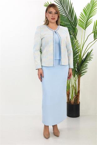 Yakası ve Önü Taş İşlemeli Jakar Kumaş Uzun Üçlü Mavi Takım