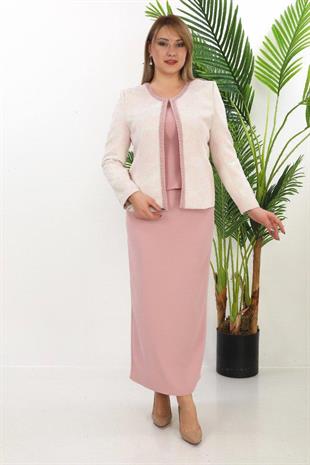 Yakası ve Önü Taş İşlemeli Jakar Kumaş Uzun Üçlü Pudra Takım