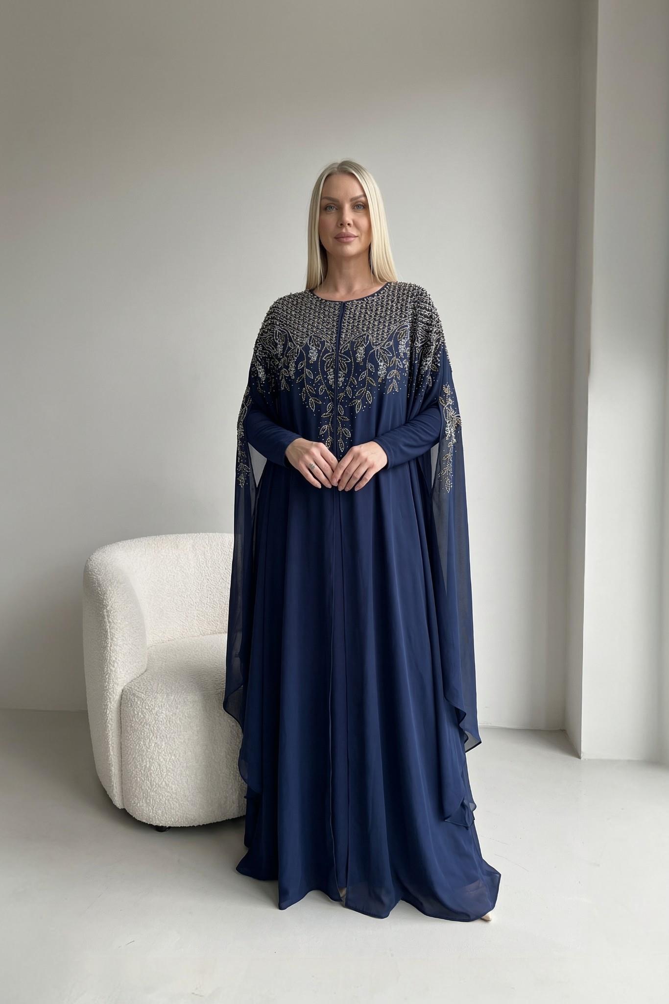 Lacivert Şifon İnci Ve Altın İşlemeli Abaya Elbise