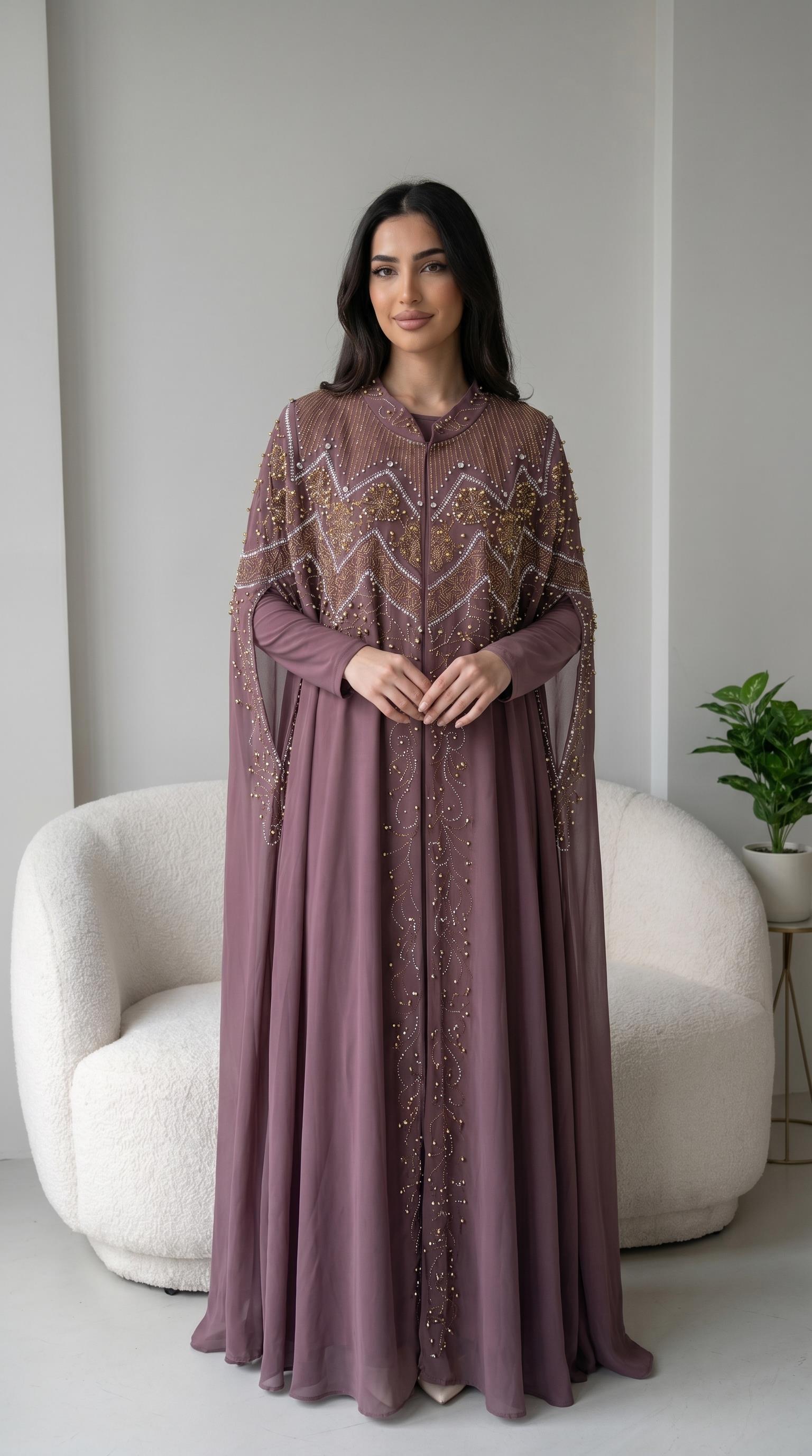 Mürdüm Taşlı İşlemeli Uzun Abaya