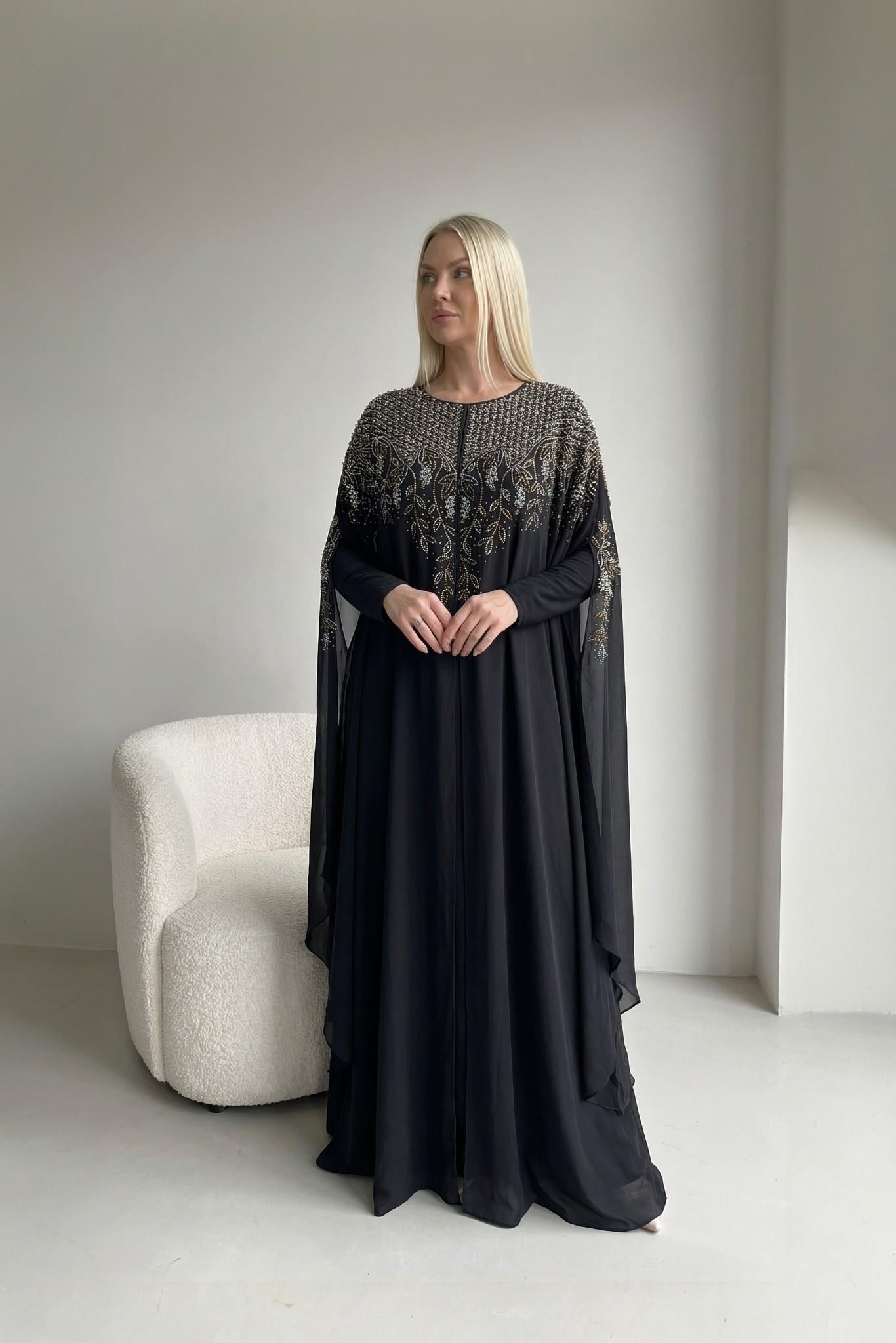 Siyah Şifon İnci Ve Altın İşlemeli Abaya Elbise