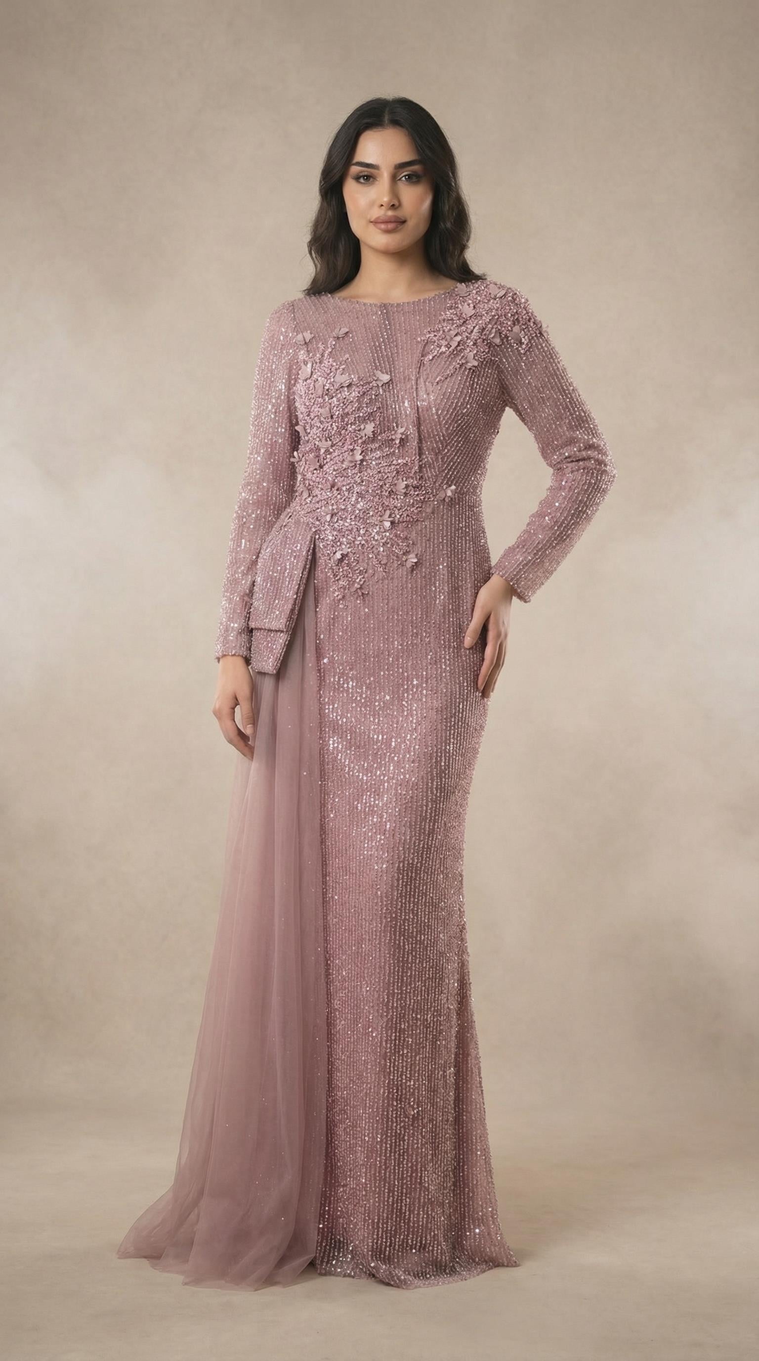 Tül Detaylı Payet İşlemeli Mor Abiye Elbise