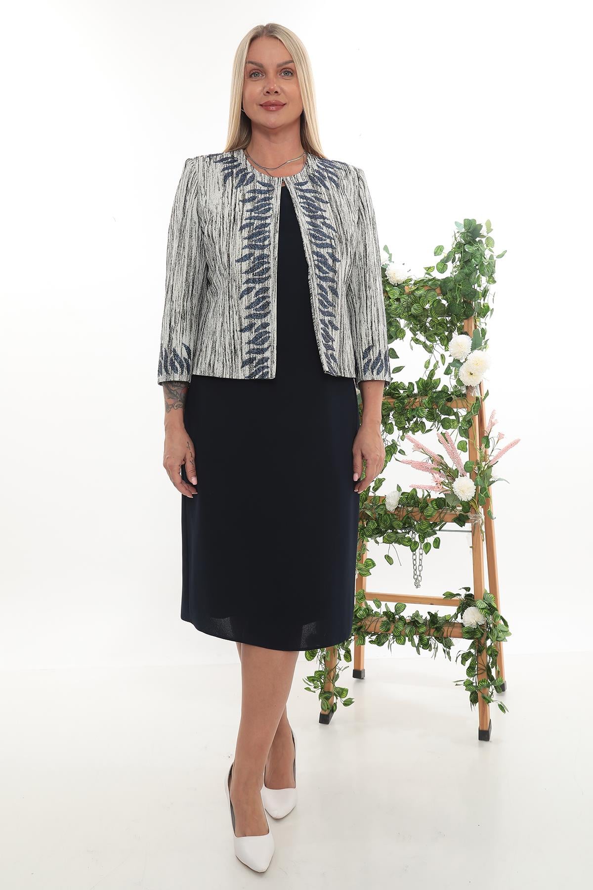 Ceket Bluz Taş İşlemeli Lacivert Ceket Elbise