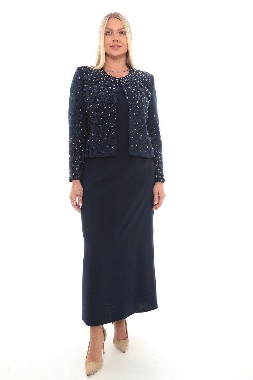 Elegant Stone-Embellished Closed Slit Navy Blue Jacket Dress