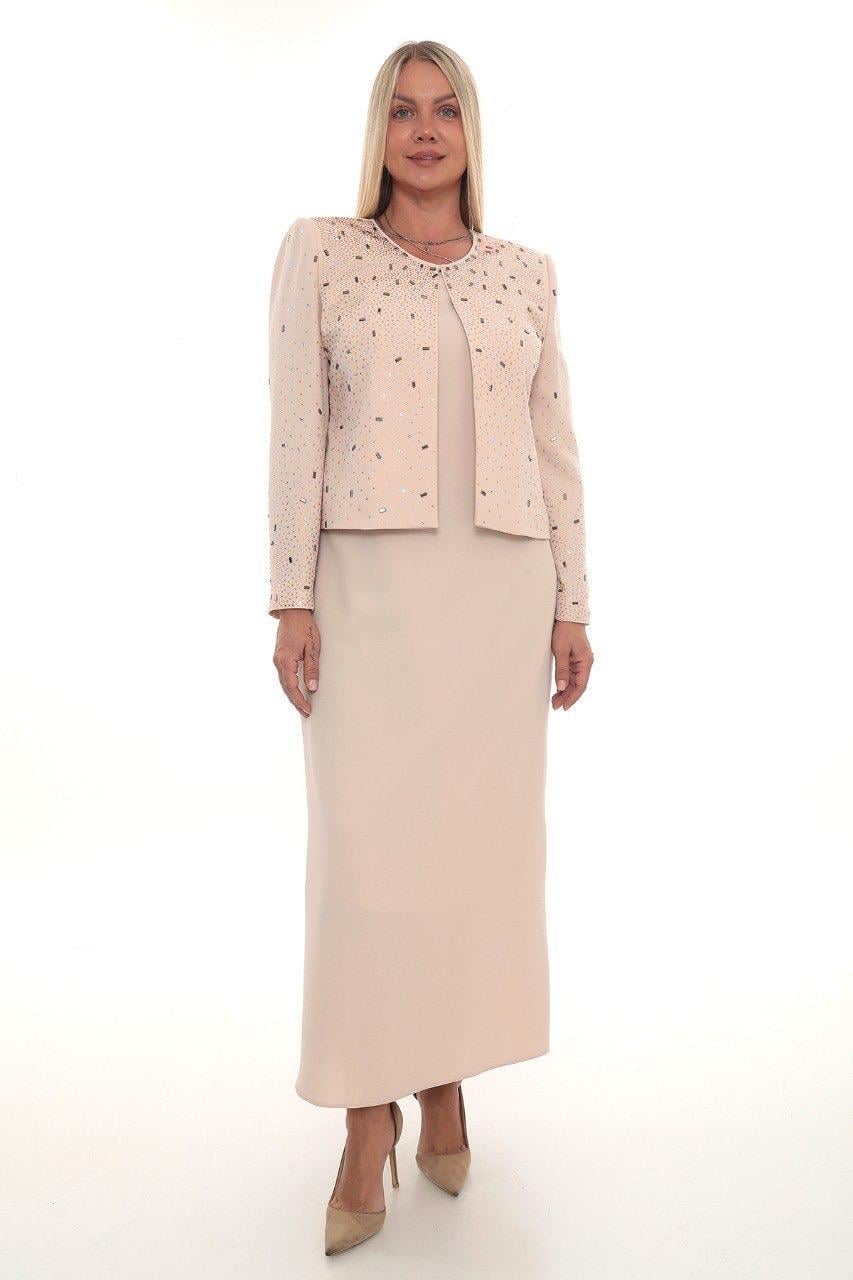 Ceketi Şık Taş Süslemeli Kapalı Yırtmaçlı Pudra Ceket Elbise