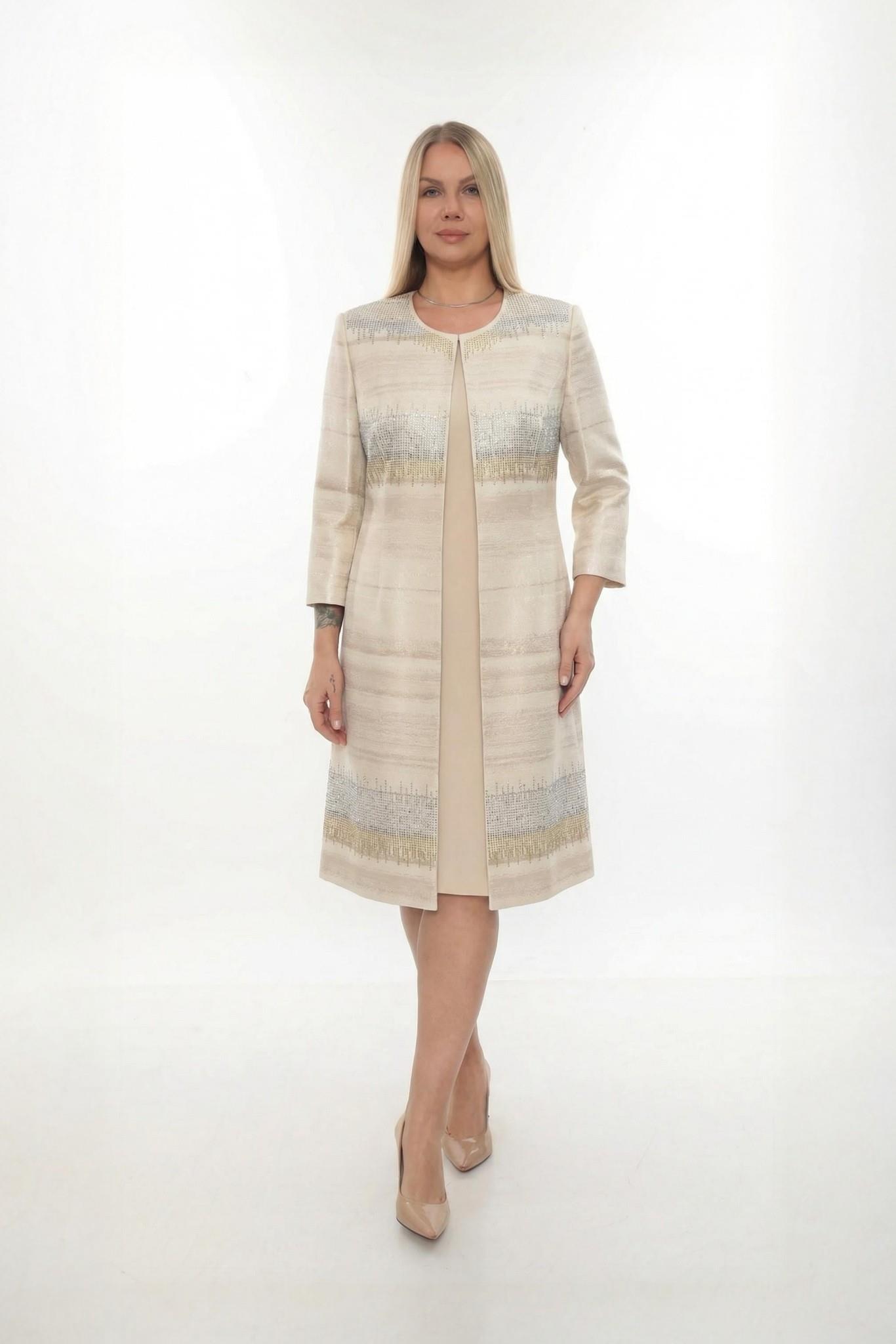 Ceketi Taş Detaylı jakarlı Ceket İçi Kolsuz Elbise İkili Takım