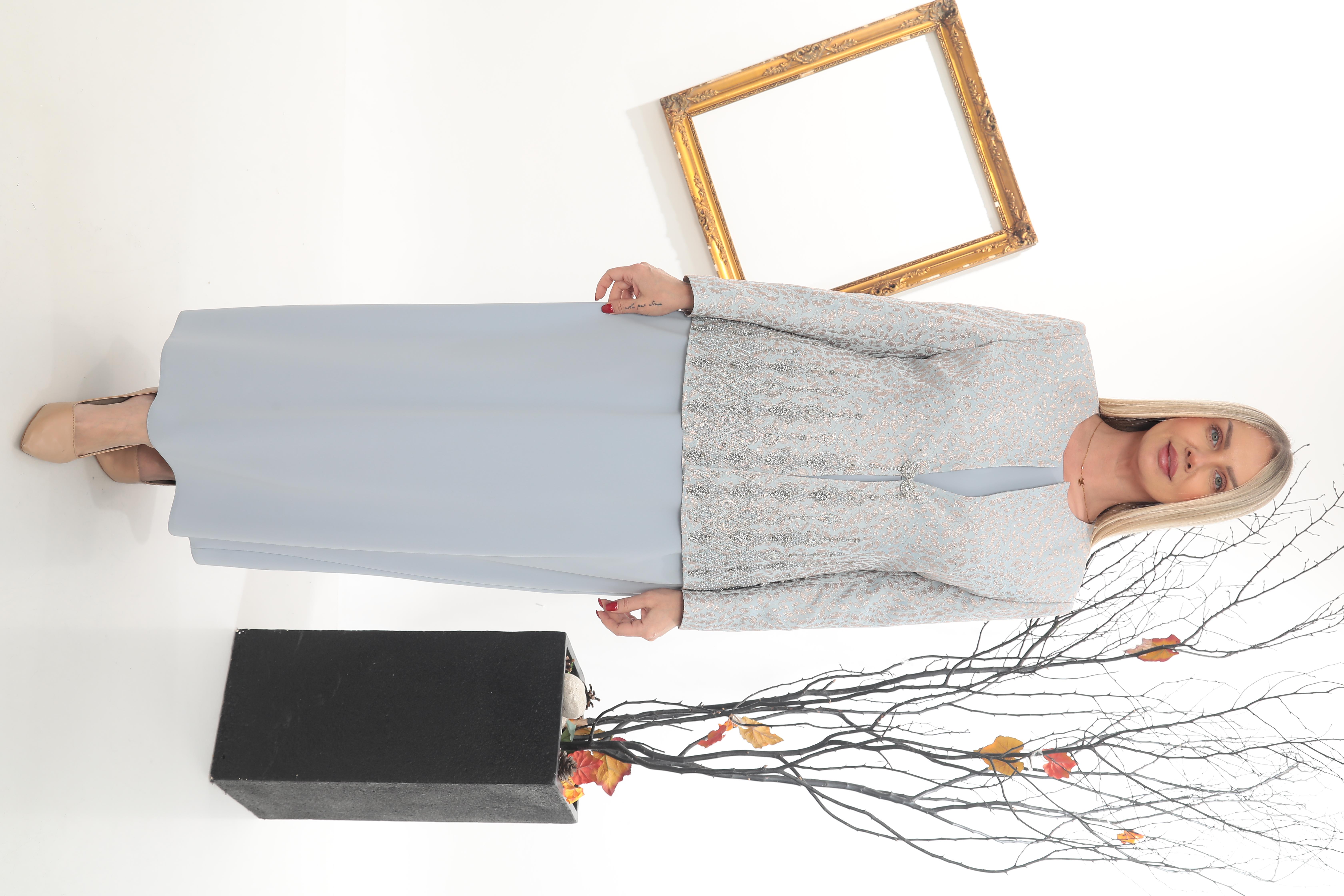 Ceketi Taşlı Astarlı Jakarlı Dokuma Su Mavisi Ceket Elbise Takım