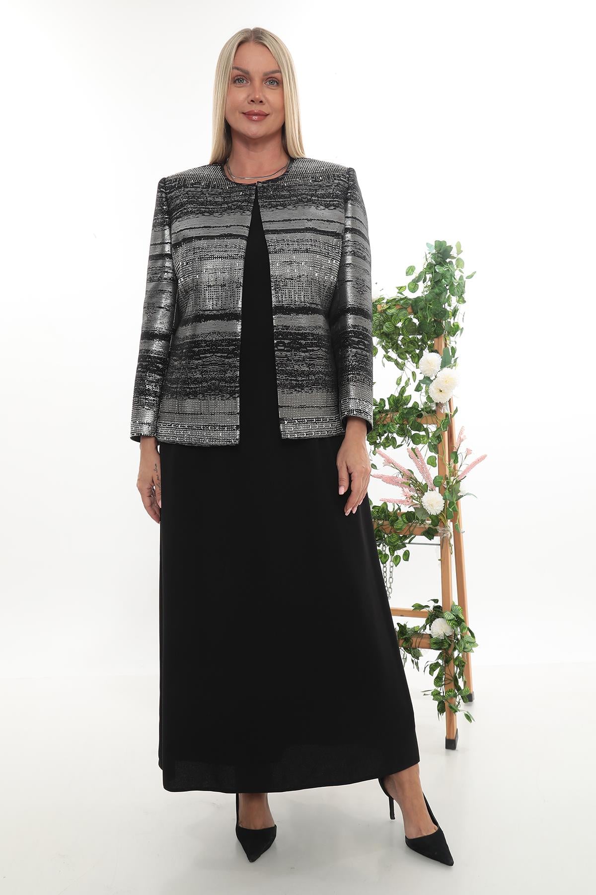 Gümüş Simli Taş İşlemeli Astarlı Ceket Elbise