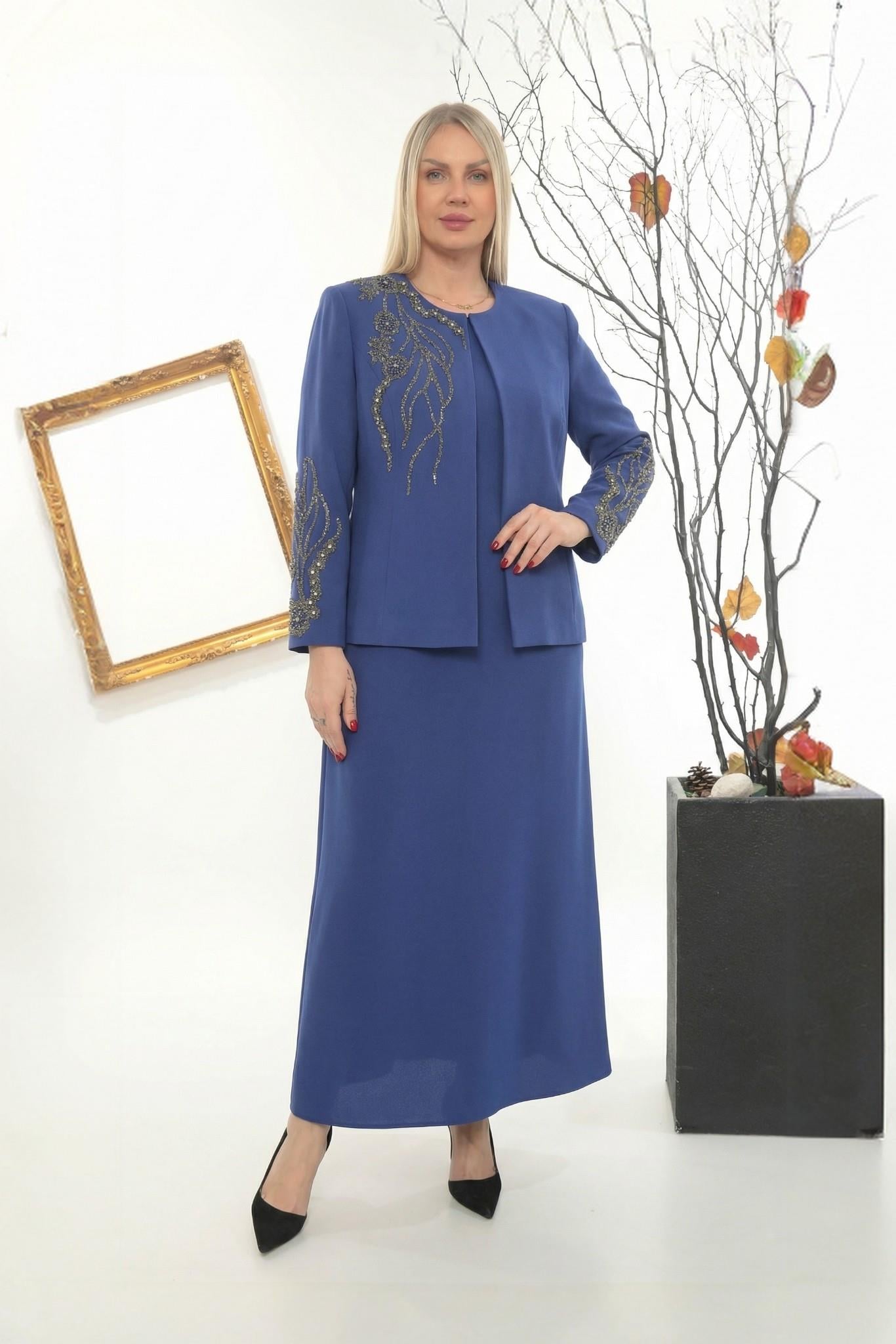 Omuzu ve Kolu Taş İşlemeli Mavi Ceket Elbise