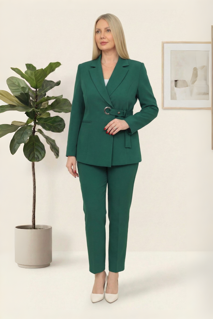 Kemar Detaylı Sade Yeşil İkili Pantolonlu Takım