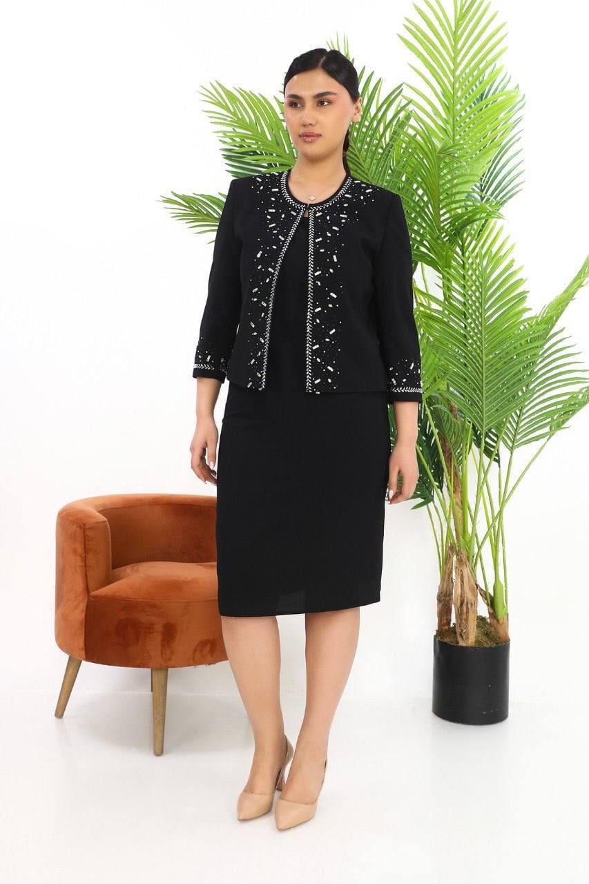 Ceketi Taşlı Siyah Kısa Etekli Üçlü Takım