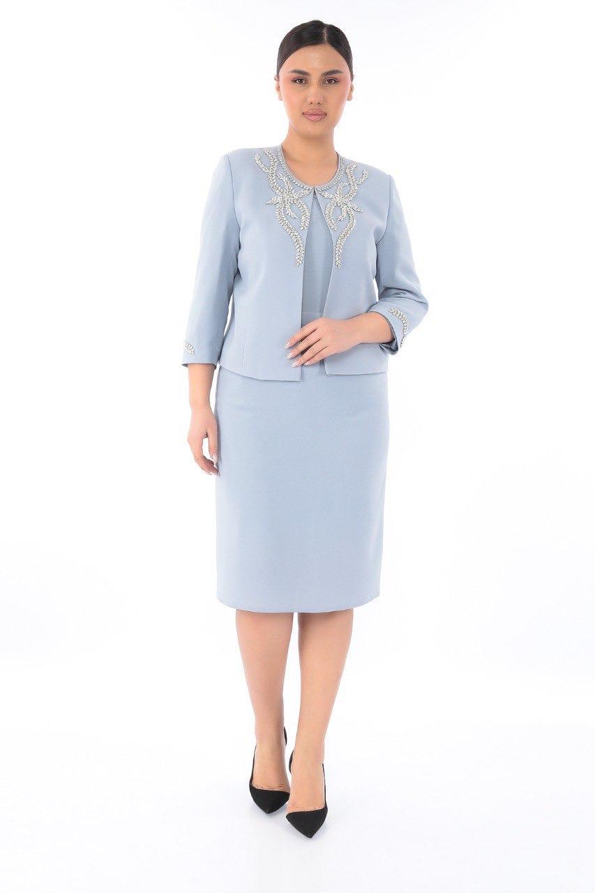 Ceketi Zarif Taşlı Su Mavisi Kısa Etekli Üçlü Takım