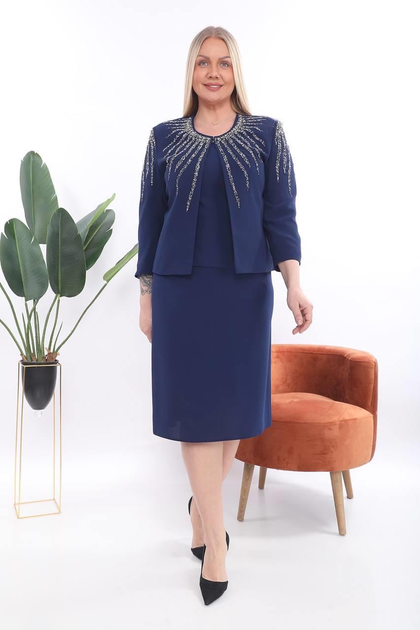 Yakası ve Omuzu Taş İşlemeli Krep Kumaş Fakir Kol Lacivert Kısa Etekl, Üçlü Takım